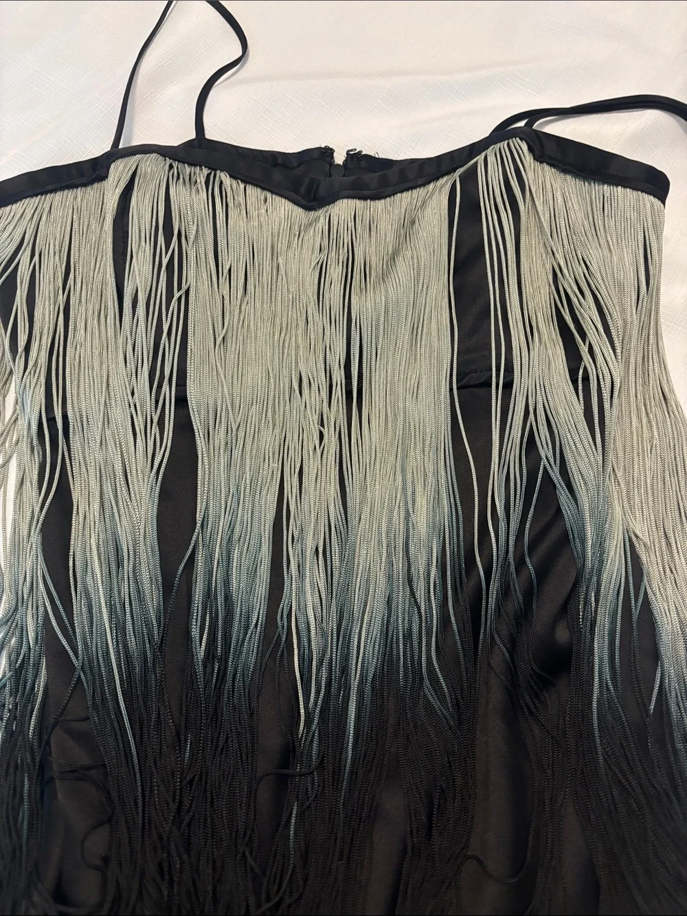 VTG Foley + Corinna Sea moss Ombré Black Spaghetti Strap Fringe Top SZ SM Silk